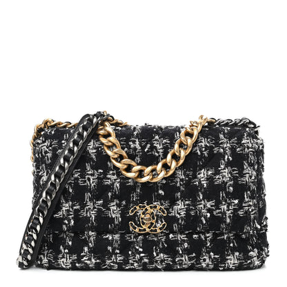Chanel Tweed Quilted Large Chanel 19 Flap Black Silver Ecru 1 of 8