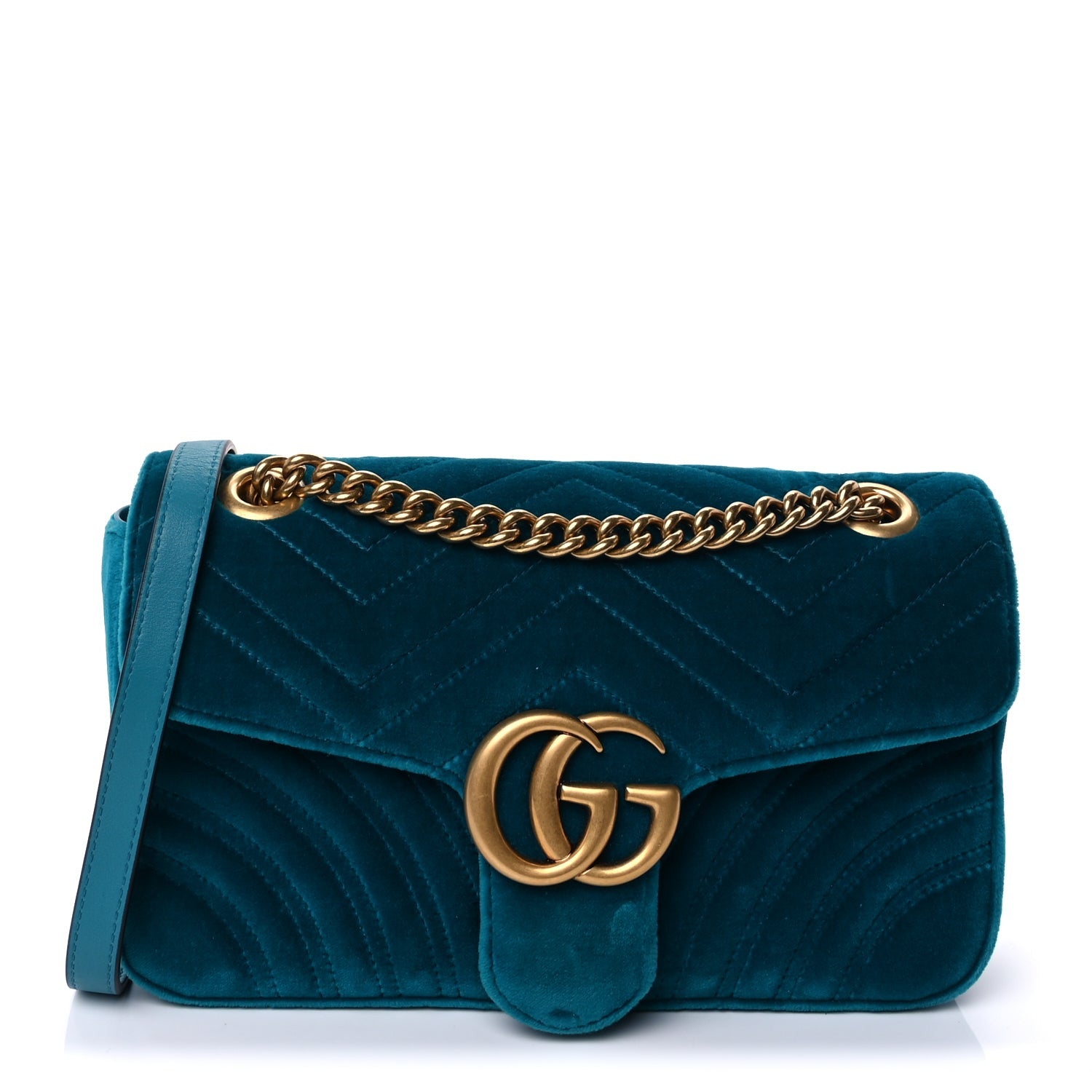 Gucci Velvet Matelasse Small GG Marmont Shoulder Bag  Pavone Cyan 1 of 7