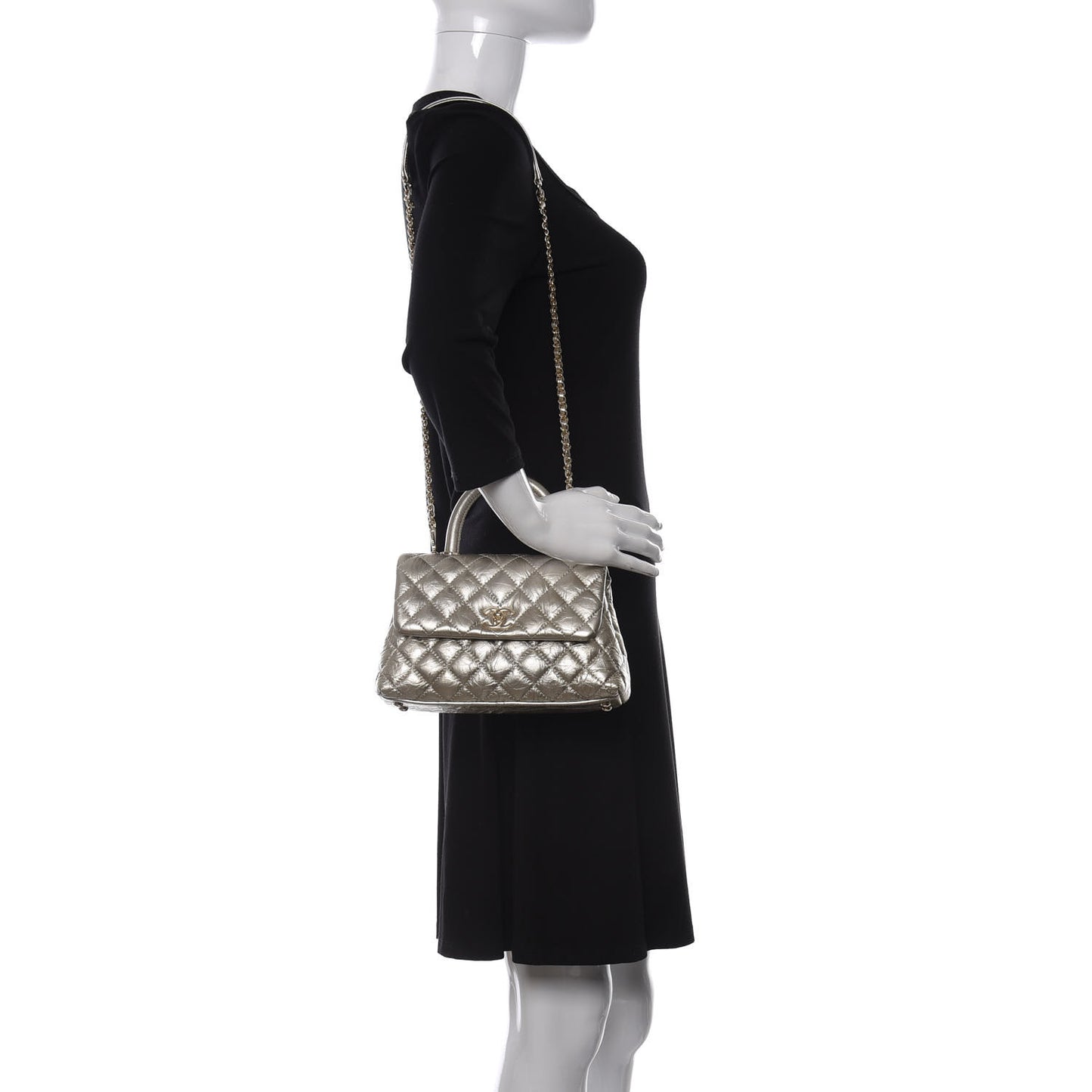 Metallic Aged Calfskin Quilted Mini Coco Handle Flap Silver