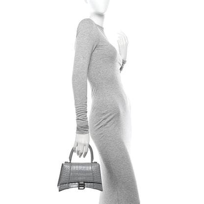Balenciaga Shiny Calfskin Crocodile Embossed Small Hourglass Top Handle Bag Steel Grey 2 of 14