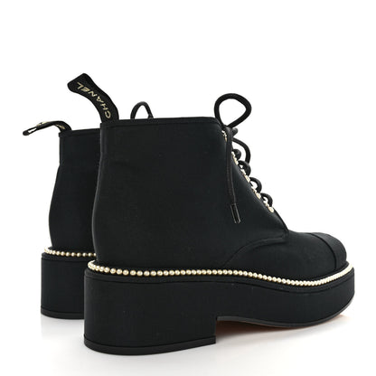 Chanel Grosgrain Pearl Lace Up CC Short Boots 40 Black 4 of 8