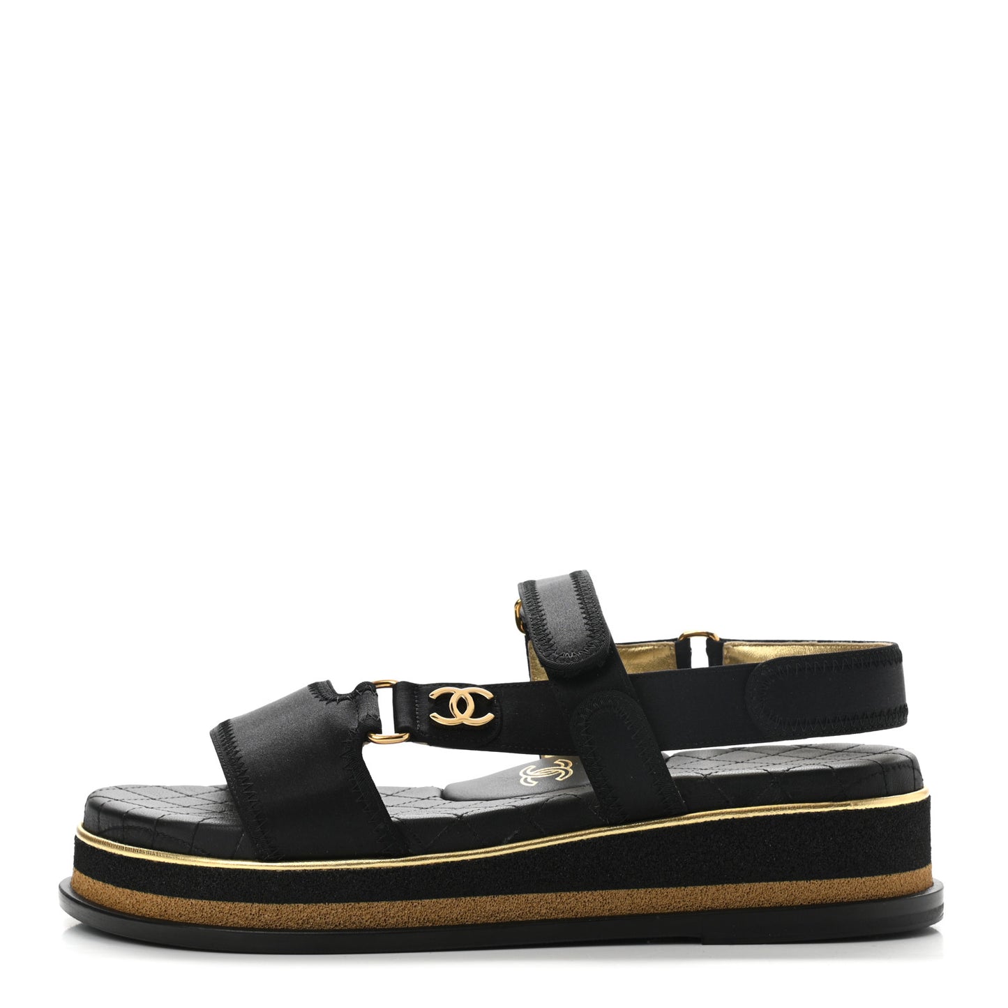 Satin CC Flat Sandals 39 Black Gold