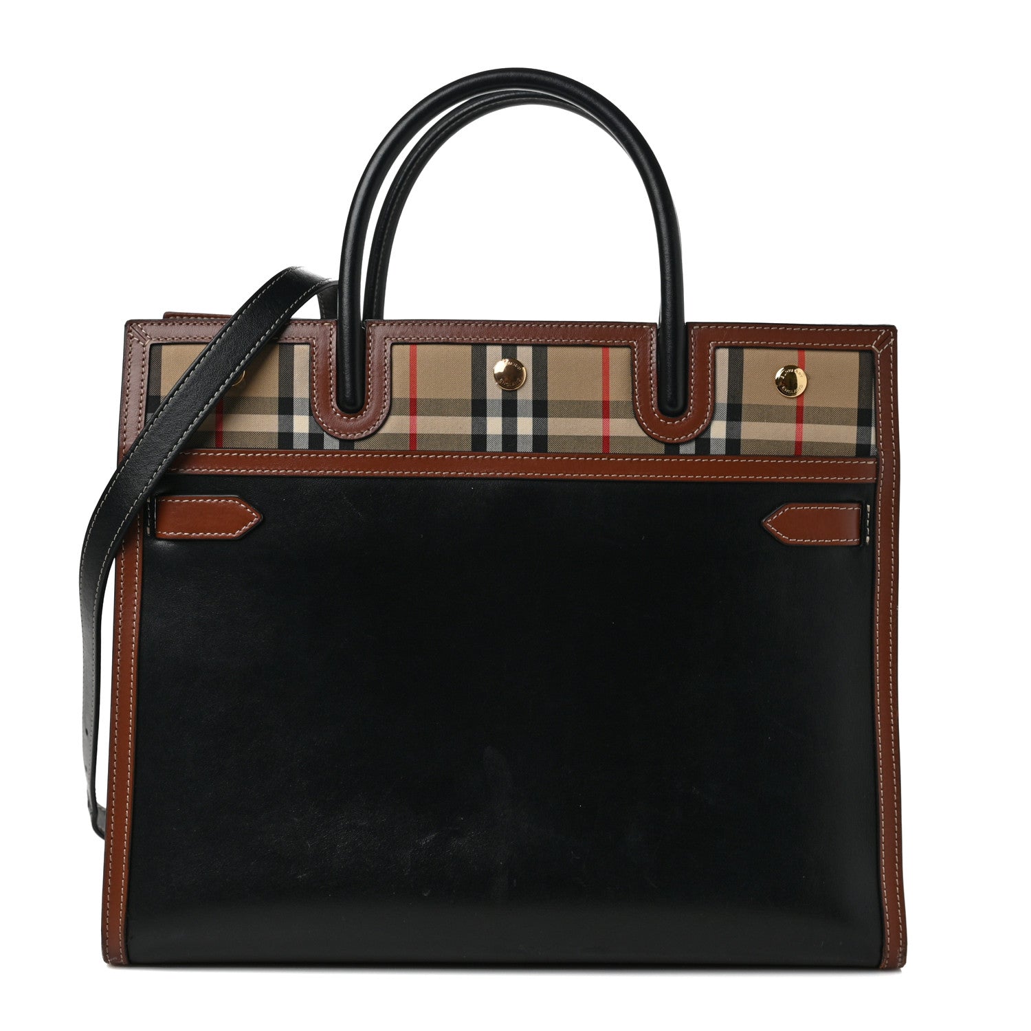 Burberry Calfskin Vintage Check Medium Two Handle Title Bag Black 1 of 8