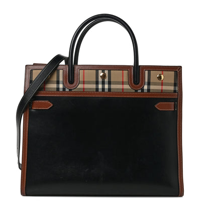 Burberry Calfskin Vintage Check Medium Two Handle Title Bag Black 1 of 8