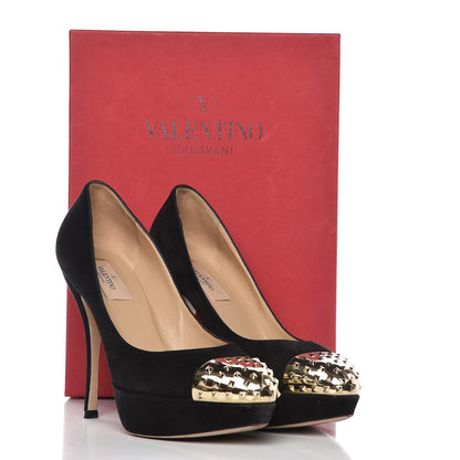 Valentino Garavani Suede Rockstud Cap Toe Platform Pumps 38 Black Gold 12 of 12