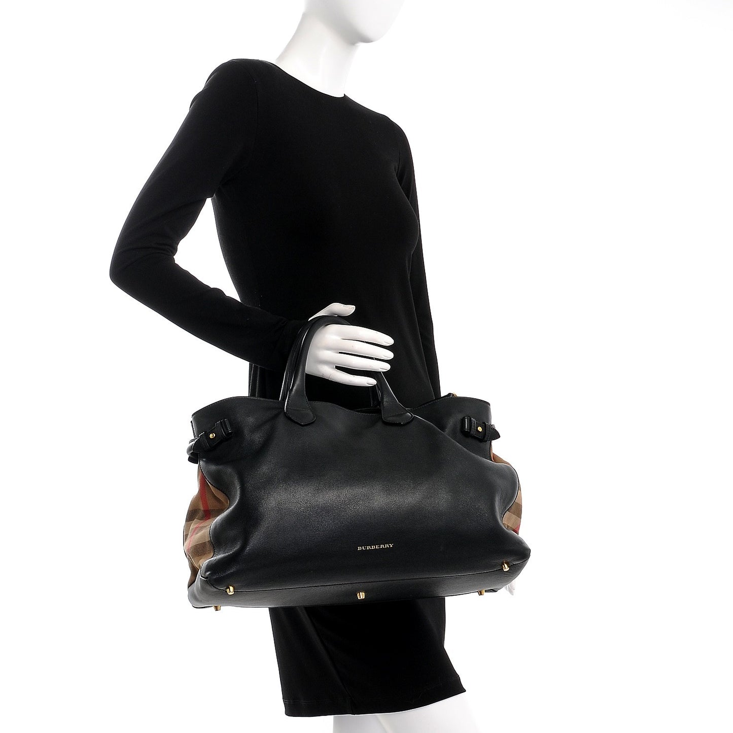 Grainy Calfskin House Check Large Banner Tote Black