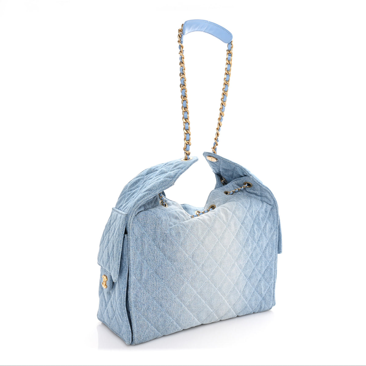 Washed Denim Quilted Medium Chanel 25 Handbag Blue