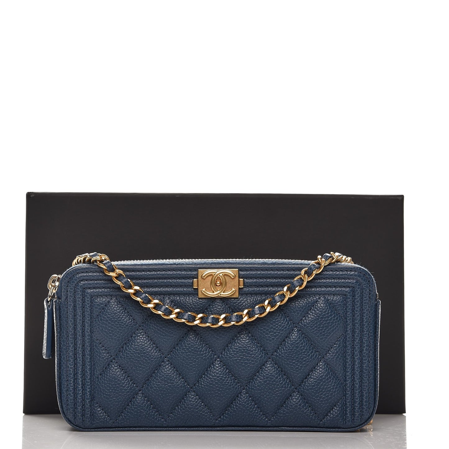 Caviar Quilted Small Boy Clutch With Chain Dark Blue