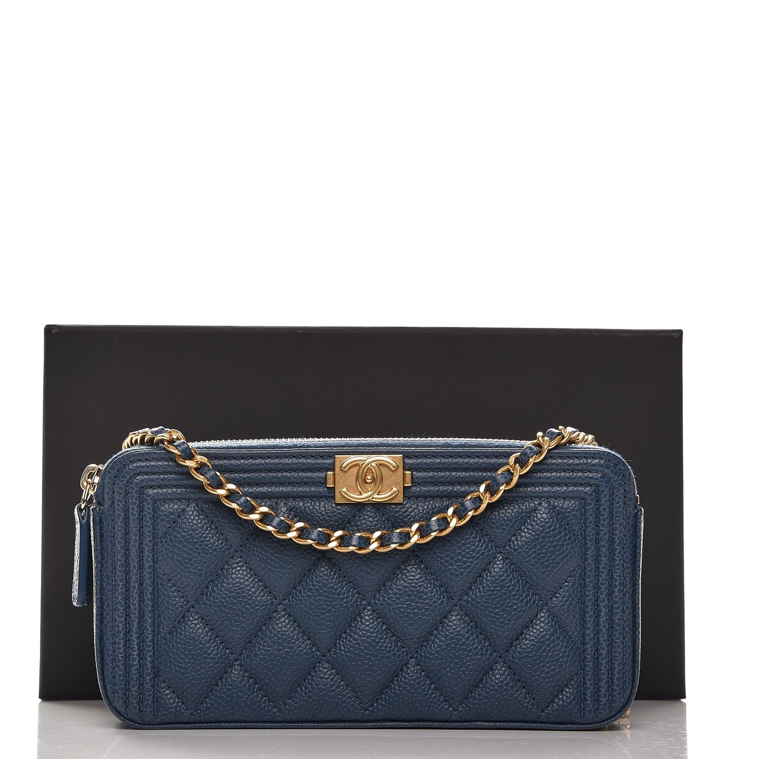 Chanel Caviar Quilted Small Boy Clutch With Chain Dark Blue 8 of 8