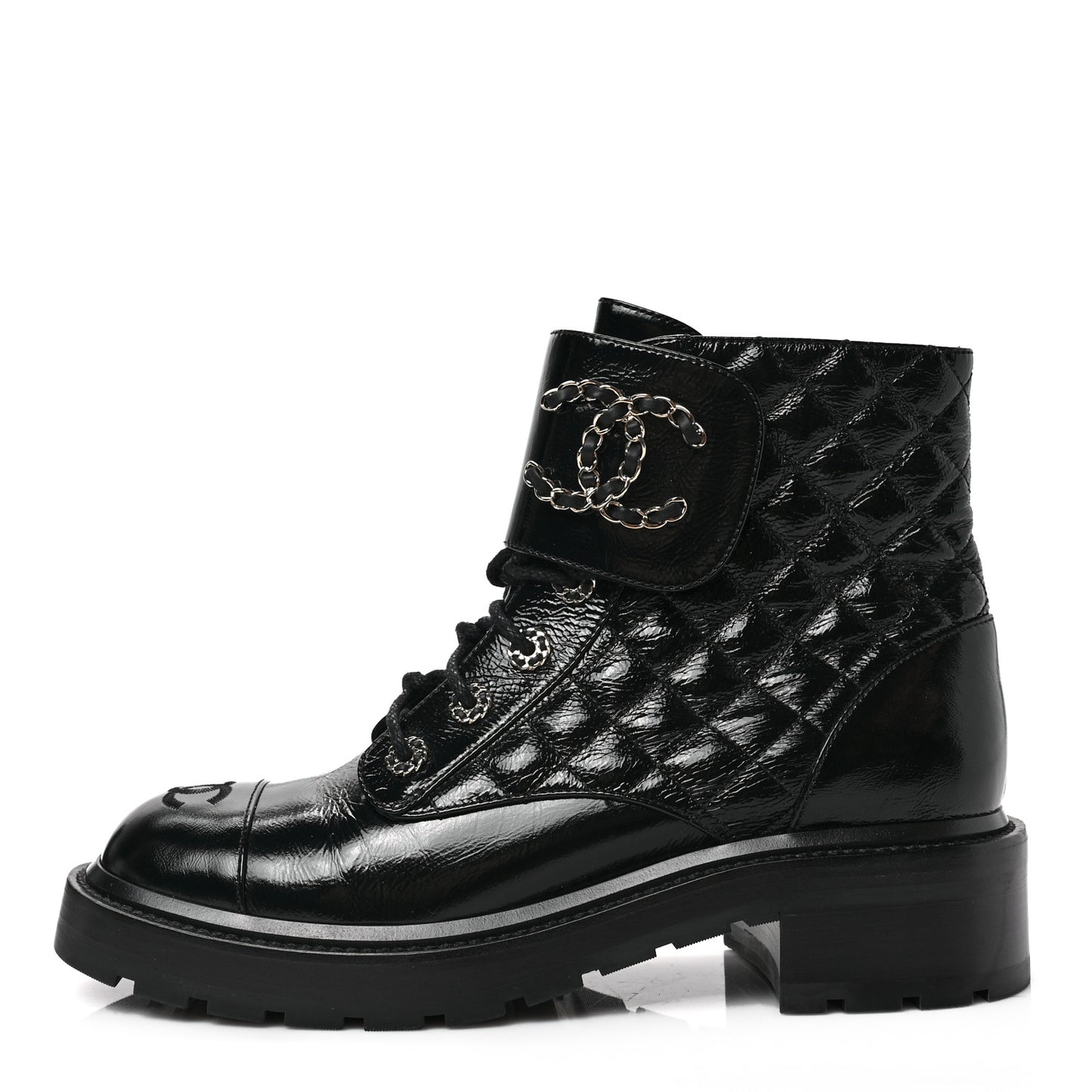 Shiny Calfskin Quilted Lace Up Combat Boots 40.5 Black