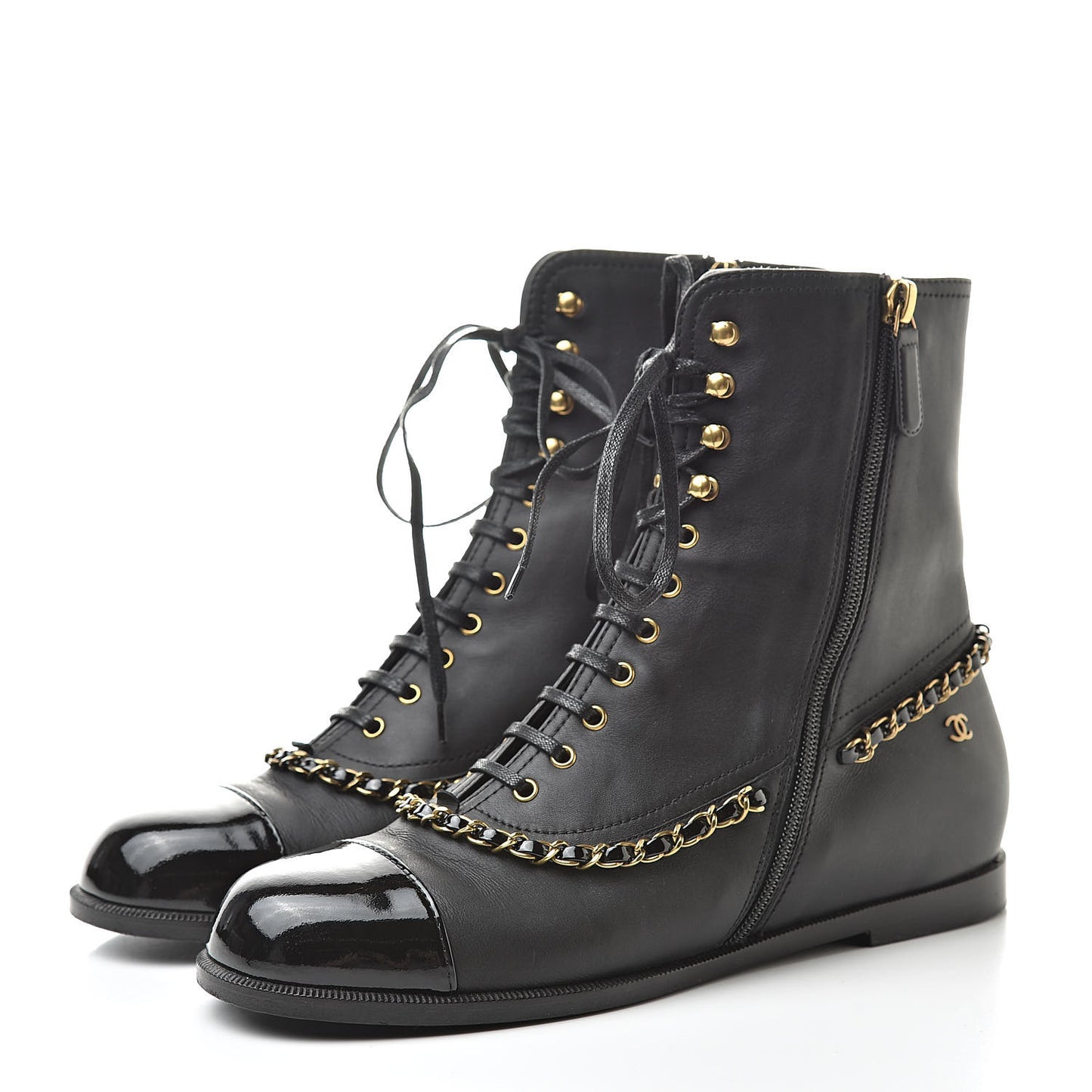 Calfskin Chain Lace Up Boots 38.5 Black
