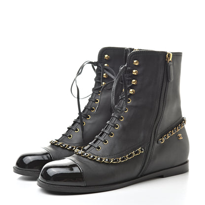 Chanel Calfskin Chain Lace Up Boots 38.5 Black 3 of 12