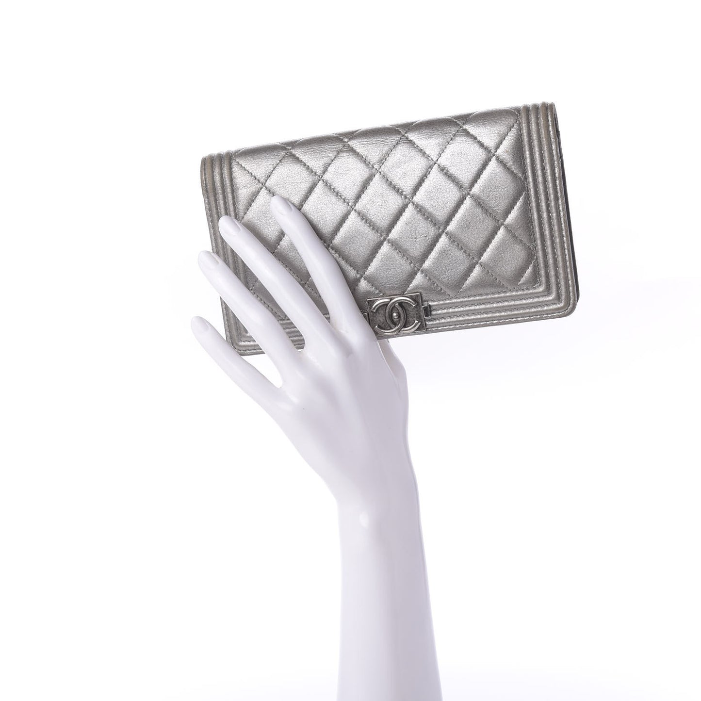 Metallic Calfskin Quilted Boy Yen Wallet Silver