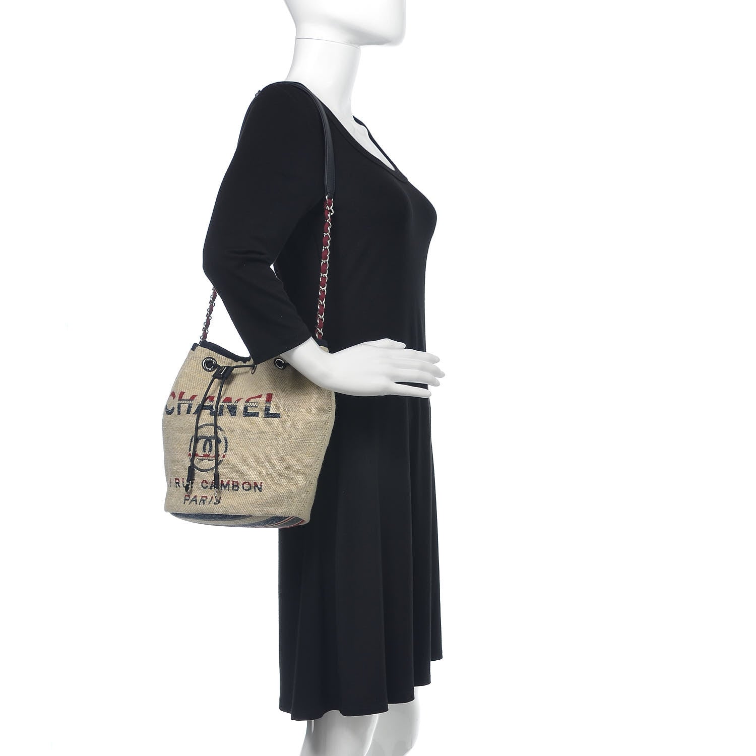 Chanel Striped Canvas Deauville Drawstring Bag Beige 2 of 9