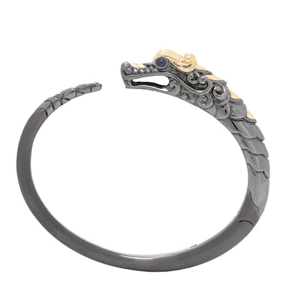 John Hardy Darkened Sterling Silver 18K Yellow Gold Blue Sapphire Legends Naga Dragon Cuff Bracelet 1 of 4