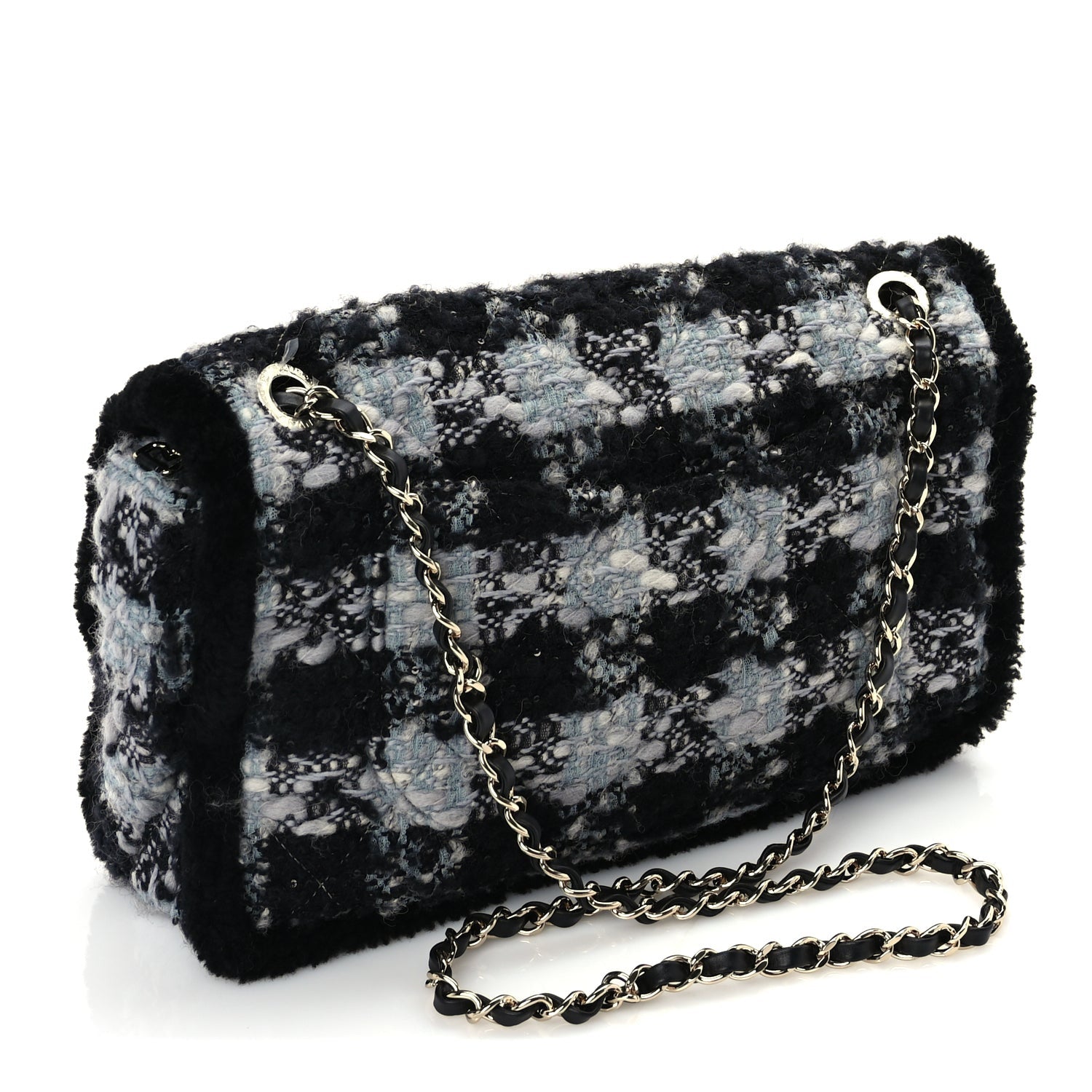 Chanel Tweed Shearling Large Flap Bag Blue Black 2 of 9