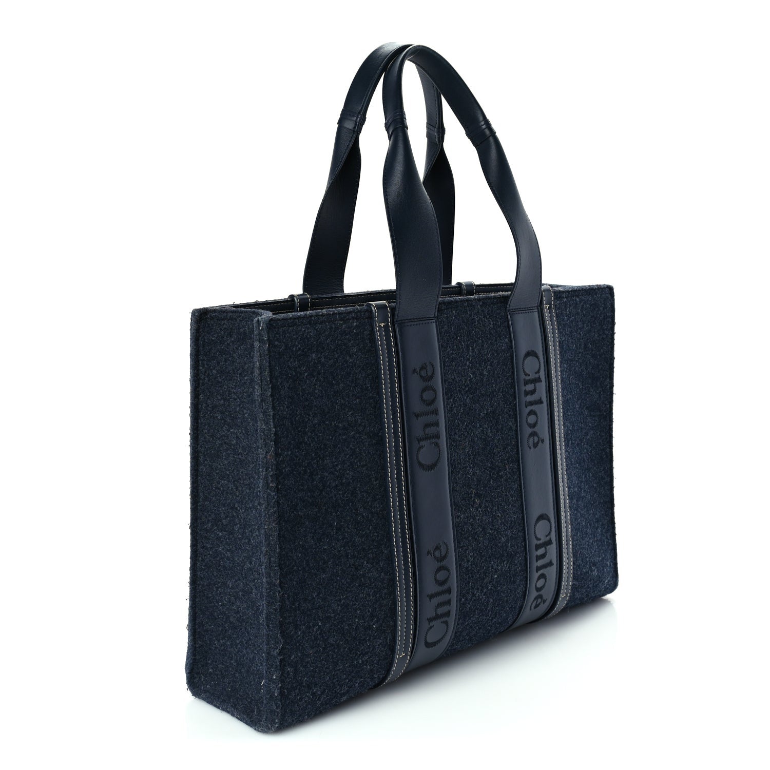 Chloe Felt Shiny Calfskin Large Woody Ribbon Tote Obscure Navy 2 of 8
