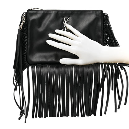 Saint Laurent Calfskin Monogram Fringe Pouch Black 2 of 9
