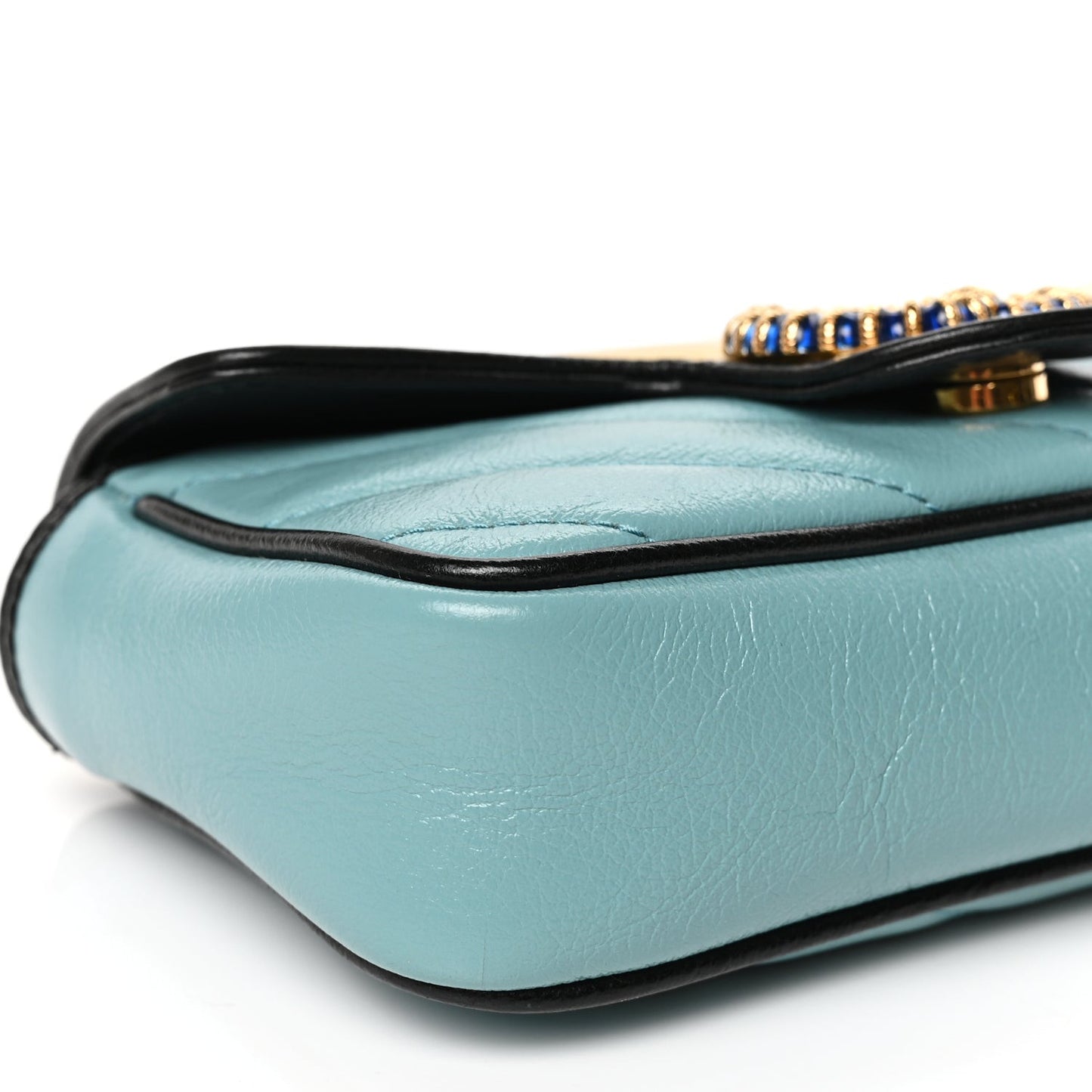 Azalea Calfskin Enamel Matelasse Diagonal Super Mini Torchon GG Marmont Shoulder Bag Butter Dusty Azure Black Electric Blue