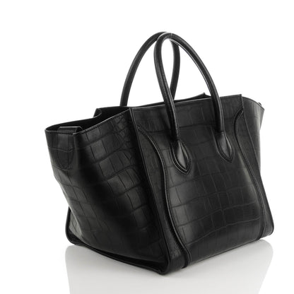 Celine Crocodile Embossed Calfskin Medium Phantom Luggage Black 3 of 7