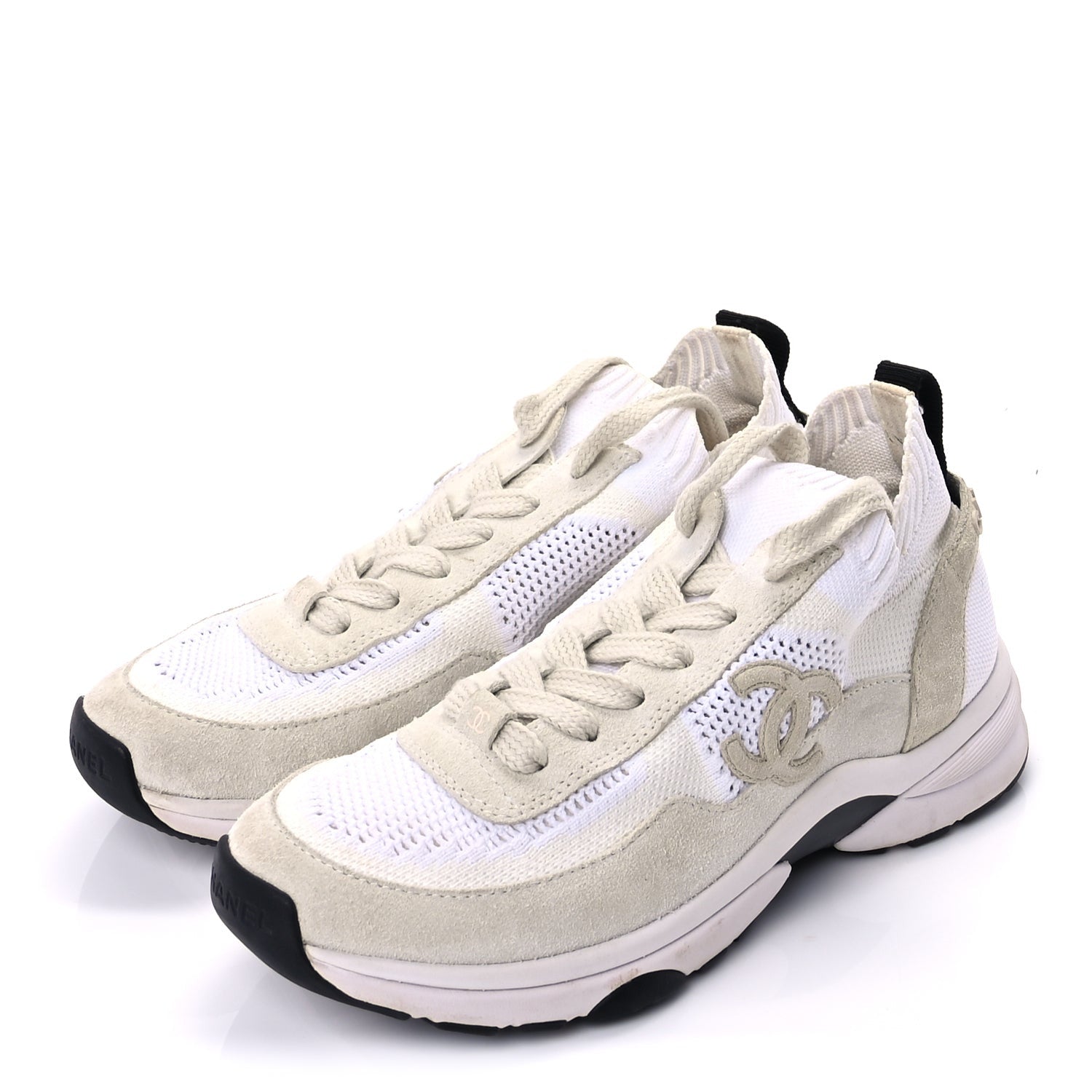 Chanel Knit Fabric Suede Calfskin Womens CC Sneakers 36.5 Ivory Light Beige 3 of 10