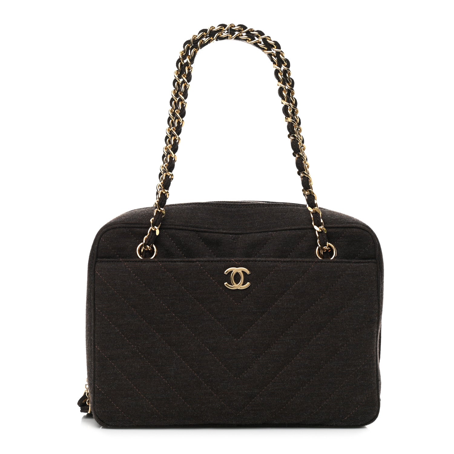 Chanel Jersey Chevron Quilted Camera Case Brown 1 of 11