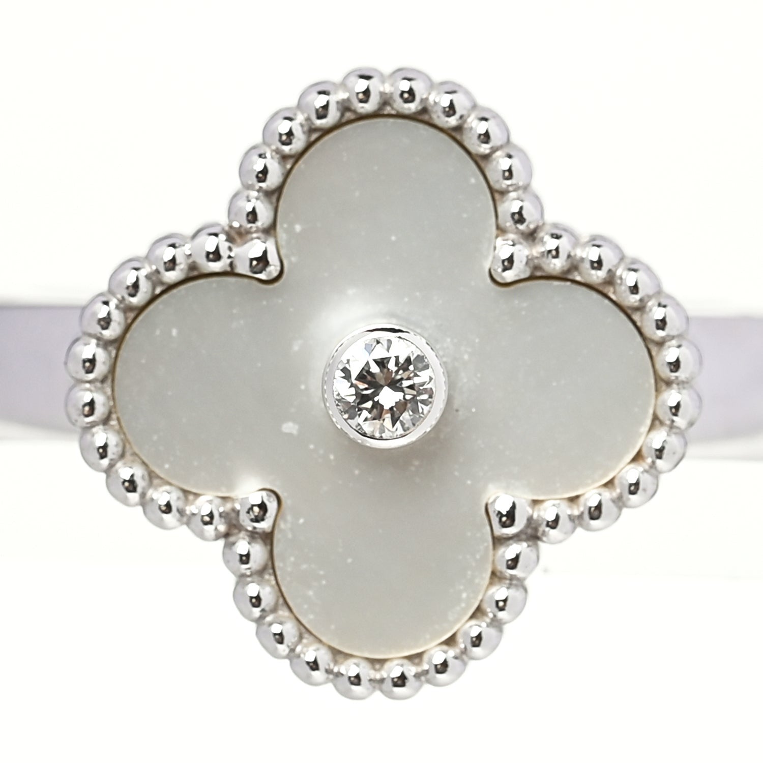 Van Cleef & Arpels 18K White Gold Diamond Mother of Pearl Vintage Alhambra Ring 54 6.75 4 of 5