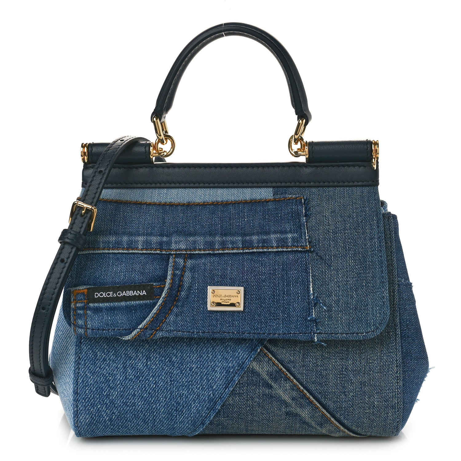 Dolce & Gabbana Calfskin Denim Patchwork Mini Miss Sicily Satchel Blue 1 of 8