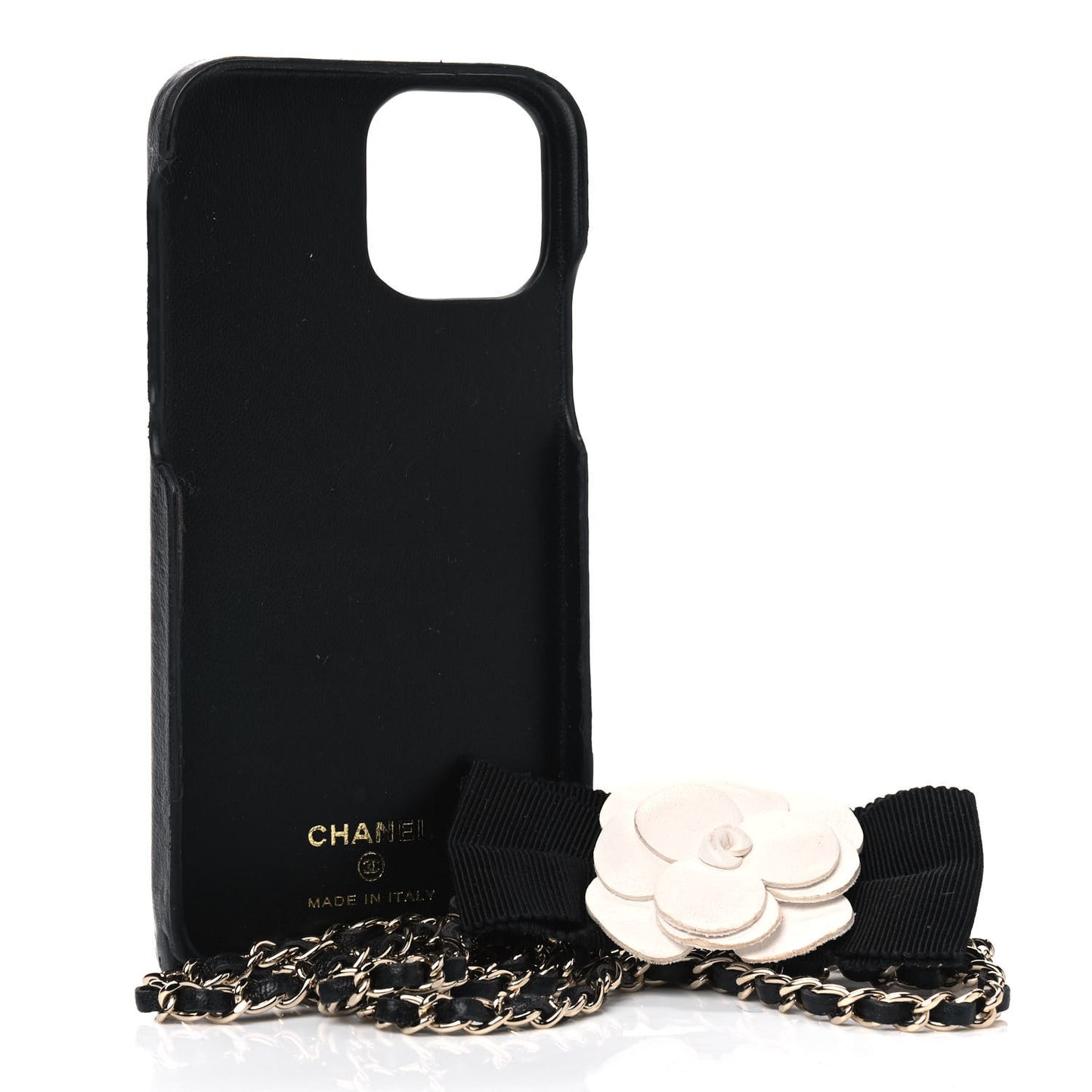Lambskin Quilted Camellia Bow iPhone XII Pro Case With Chain Black
