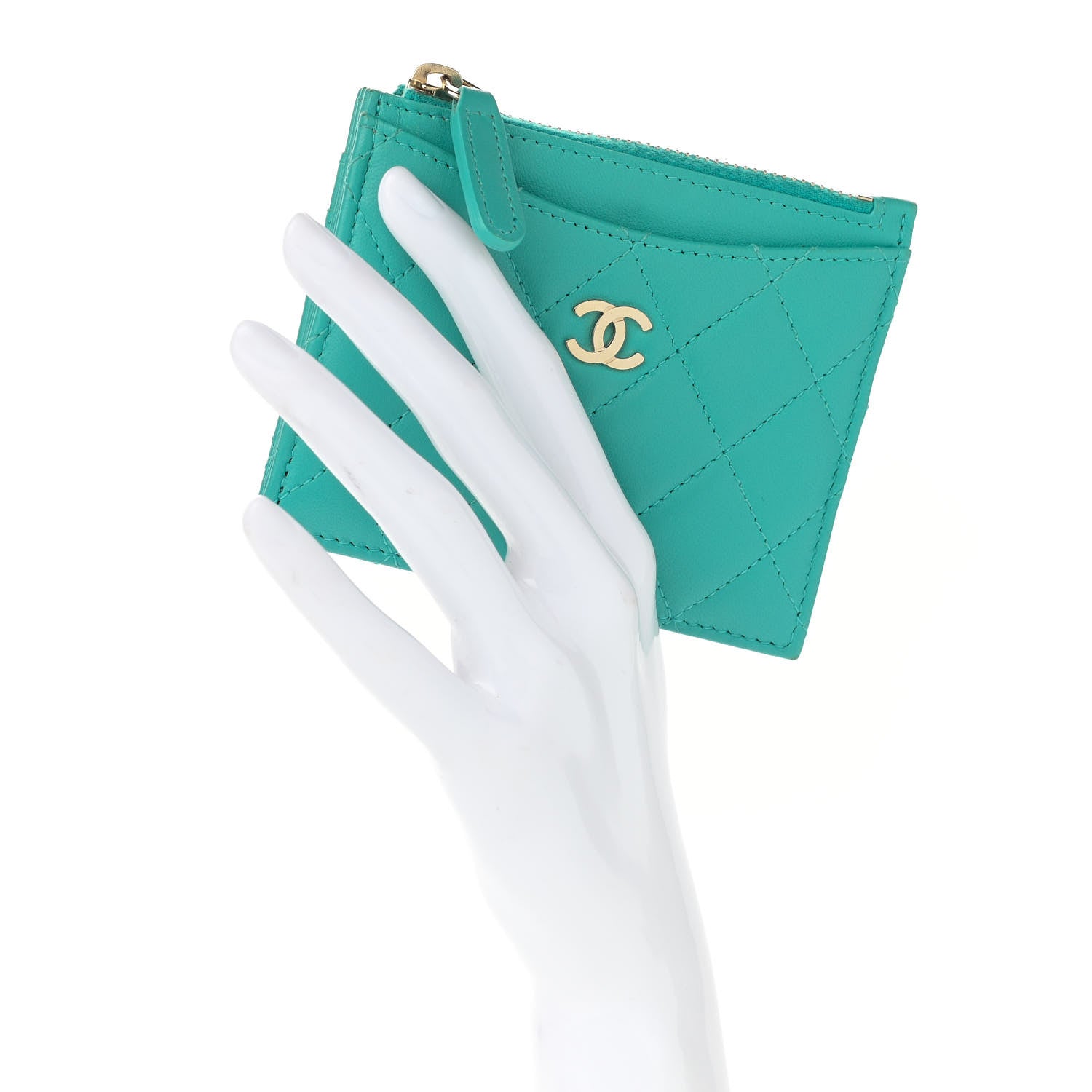 Chanel Lambskin Quilted Zip Card Holder Turquoise 2 of 10