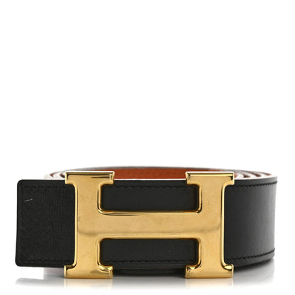 Hermes Box Togo 32mm H Belt 80 32 Black Orange 1 of 7