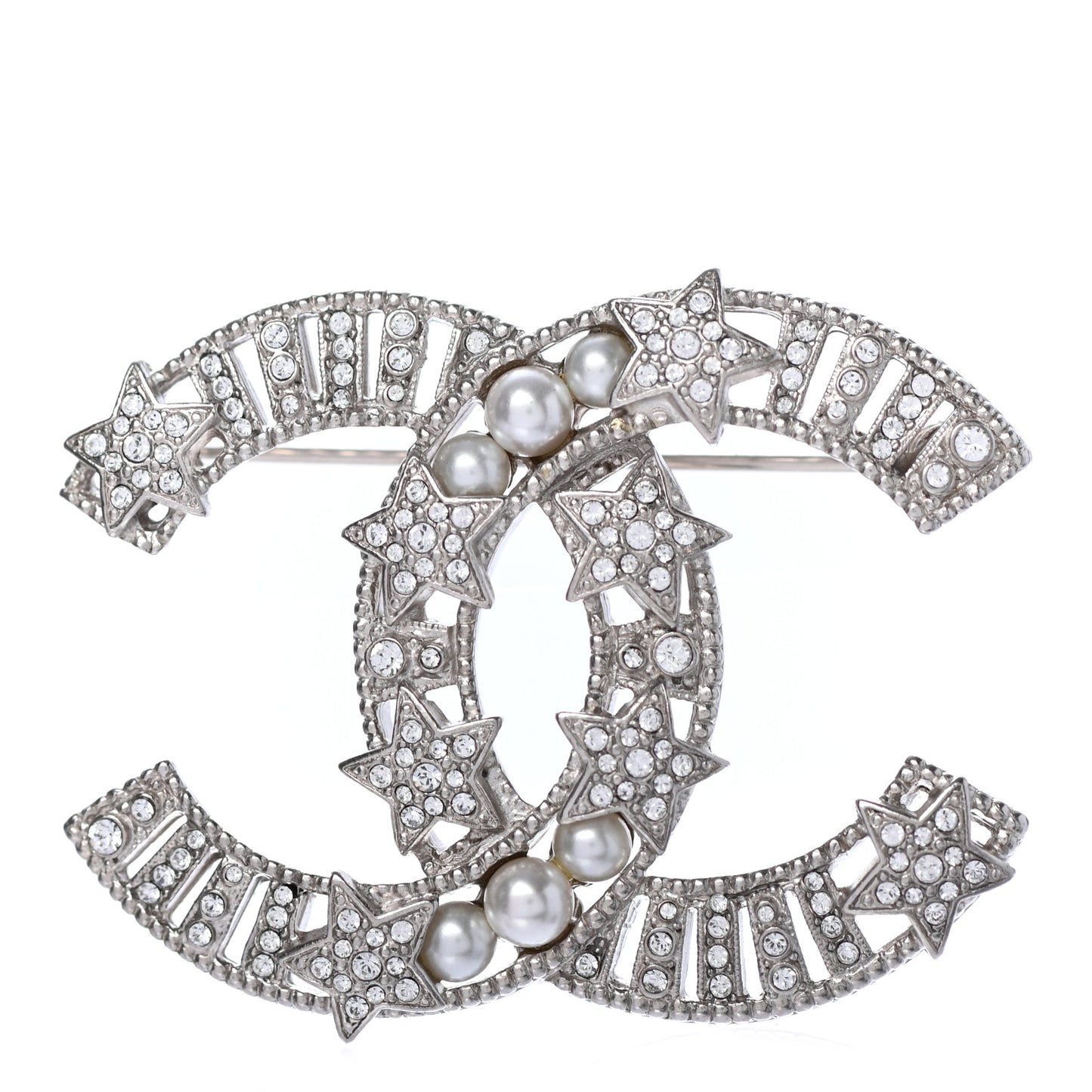 Crystal Pearl CC Star Coco Flapper Brooch Silver
