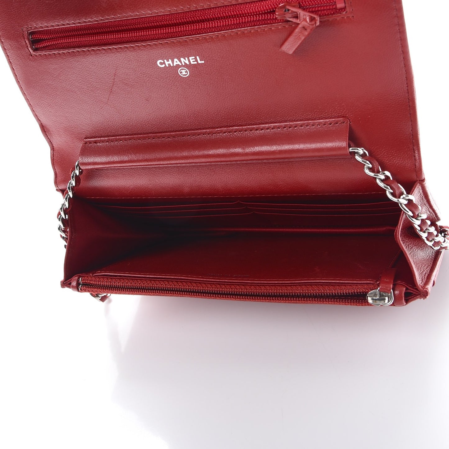 Lambskin Camellia Embossed Wallet On Chain WOC Dark Red