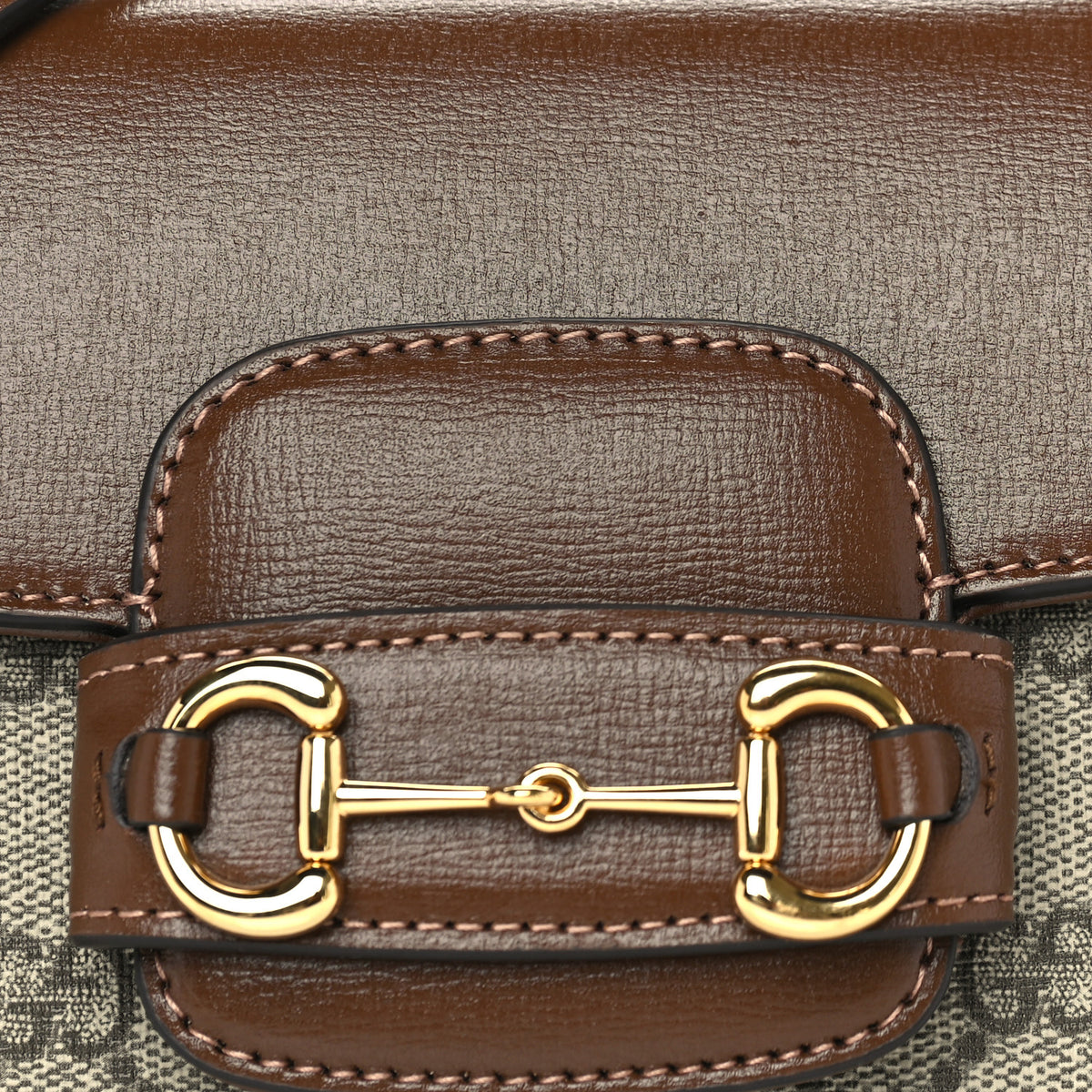 GG Supreme Monogram Azalea Calfskin Mini Horsebit 1955 Top Handle Flap Bag Beige Ebony Brown Sugar
