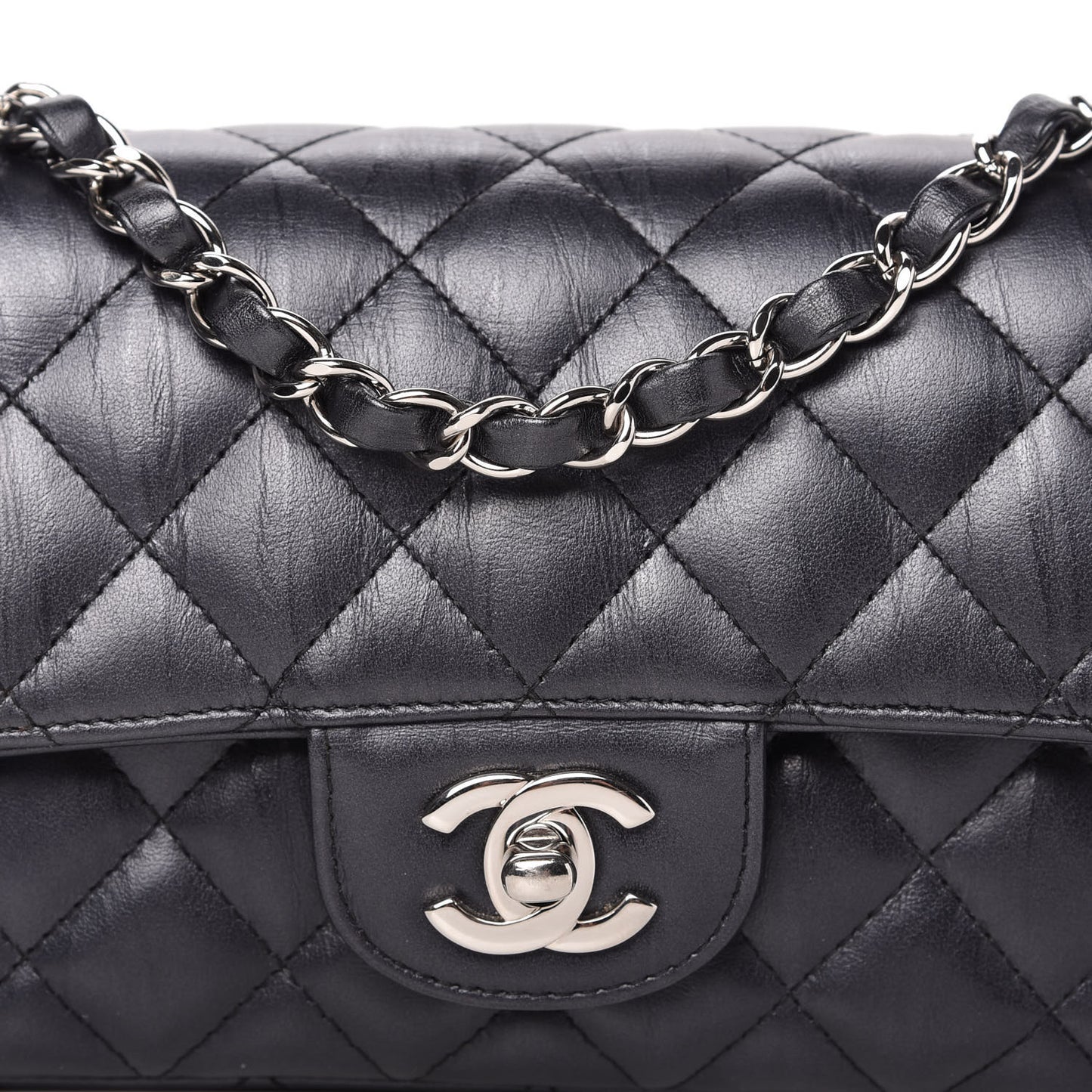 Iridescent Calfskin Quilted Mini Rectangular Flap Charcoal