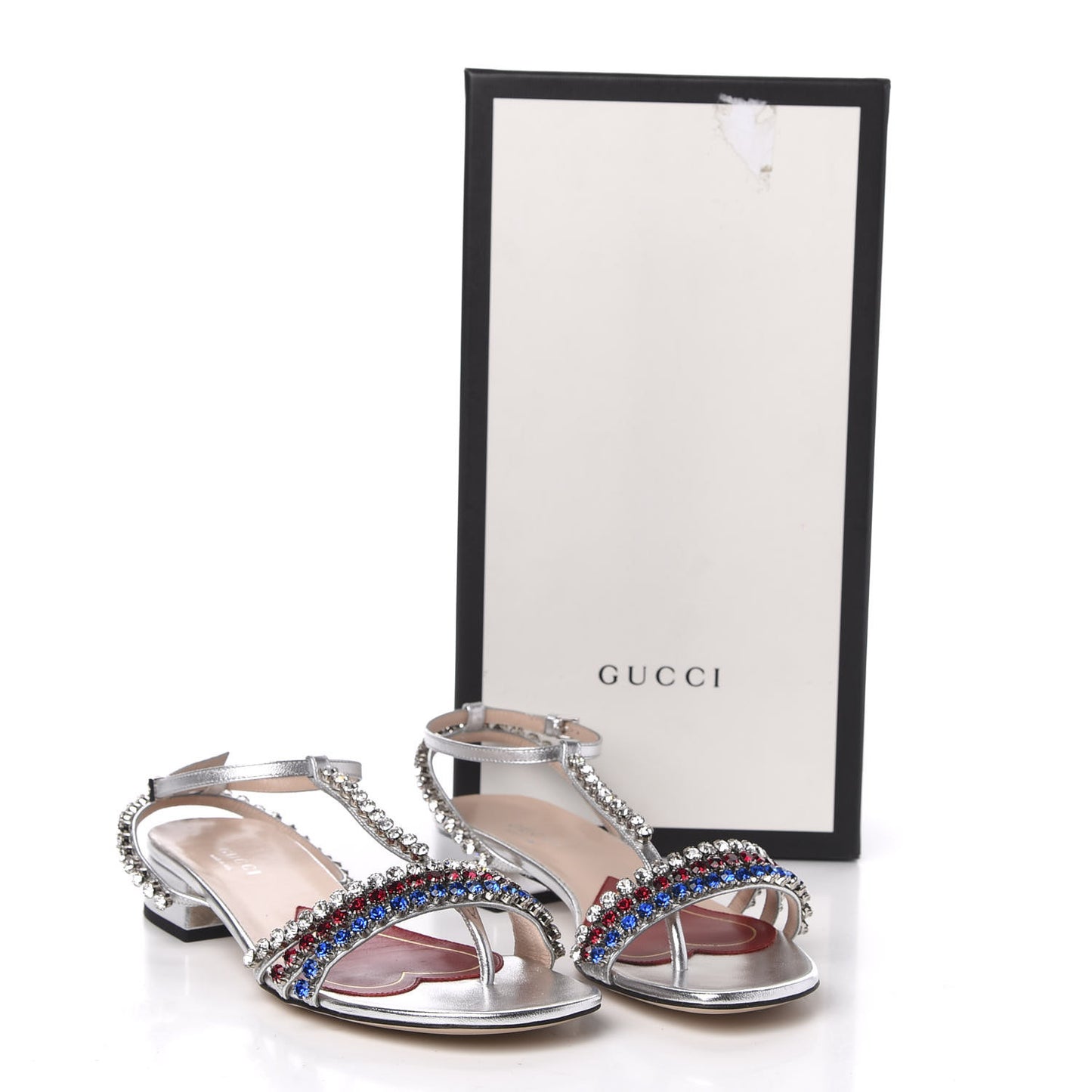 Nappa Silk Crystal Bertie T-Strap Low Heel Sandals 35.5 Argento