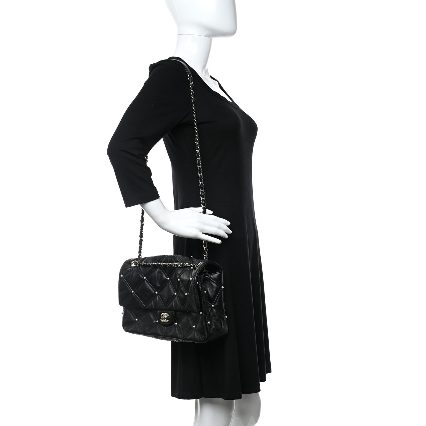 Lambskin Quilted Pearl Studded Flap Black