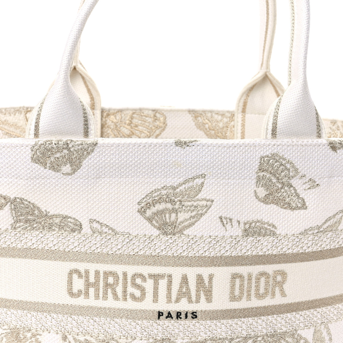 Christian Dior Canvas Embroidered Butterfly Brocart Hat Basket Bag White Gold 7 of 9
