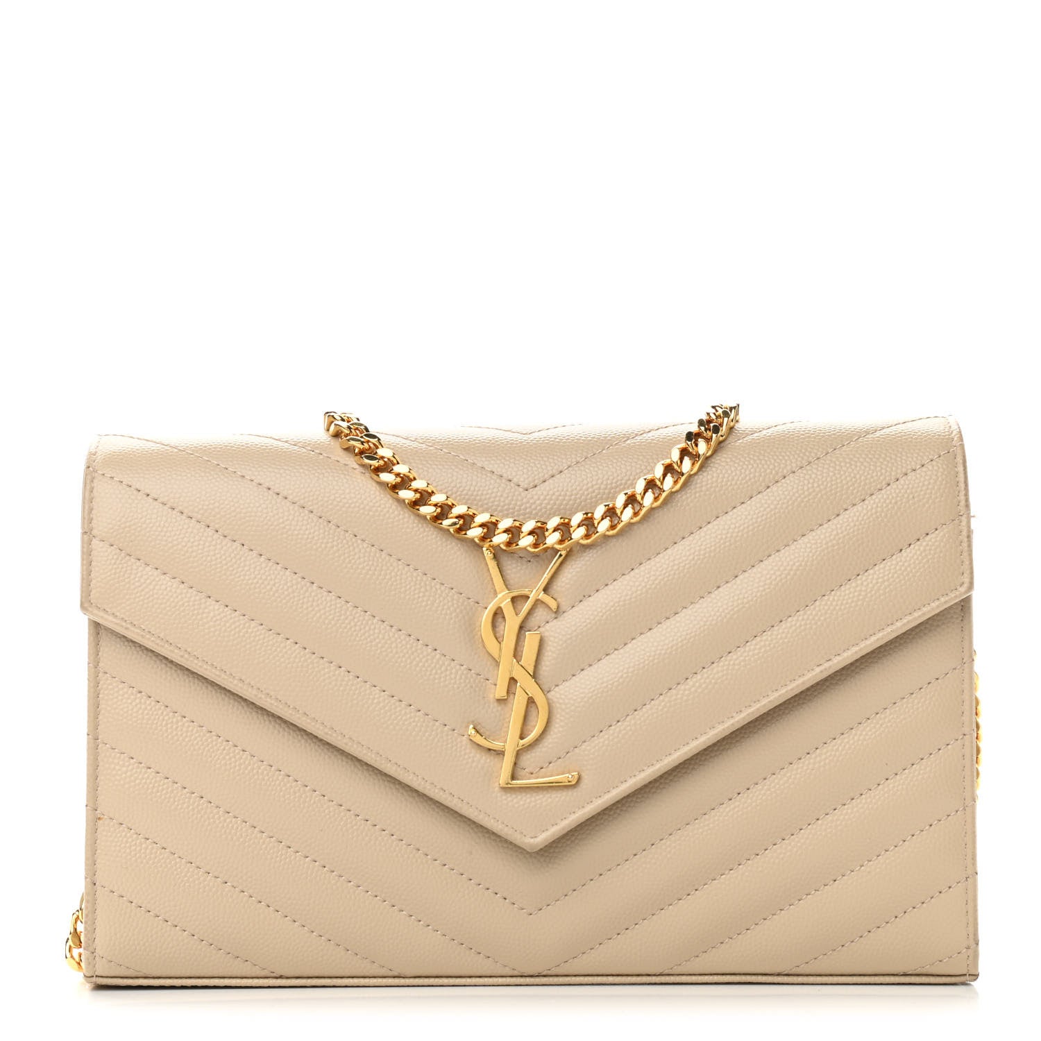 Saint Laurent Grain De Poudre Matelasse Chevron Cassandre Chain Wallet Deep Beige 1 of 9