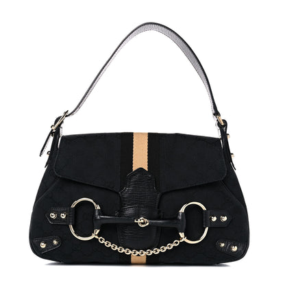 Gucci Monogram Horsebit Web Flap Bag Black Beige 1 of 14