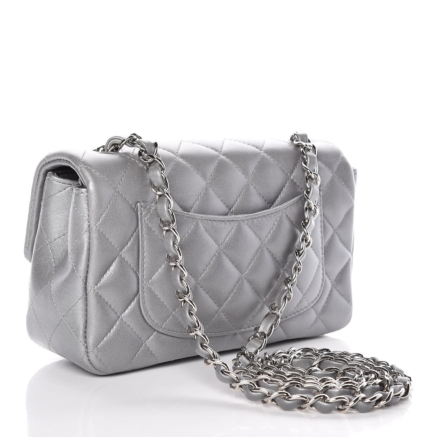 Metallic Lambskin Quilted Mini Rectangular Flap Silver