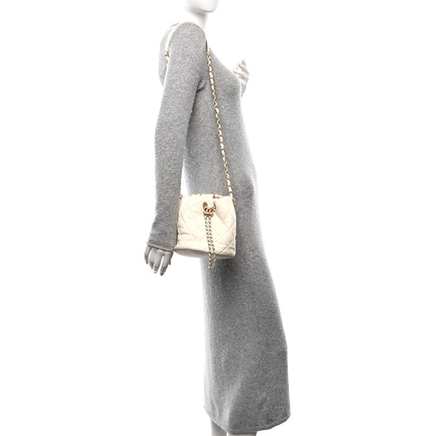 Lambskin Quilted Pearl Crown Drawstring Bag White