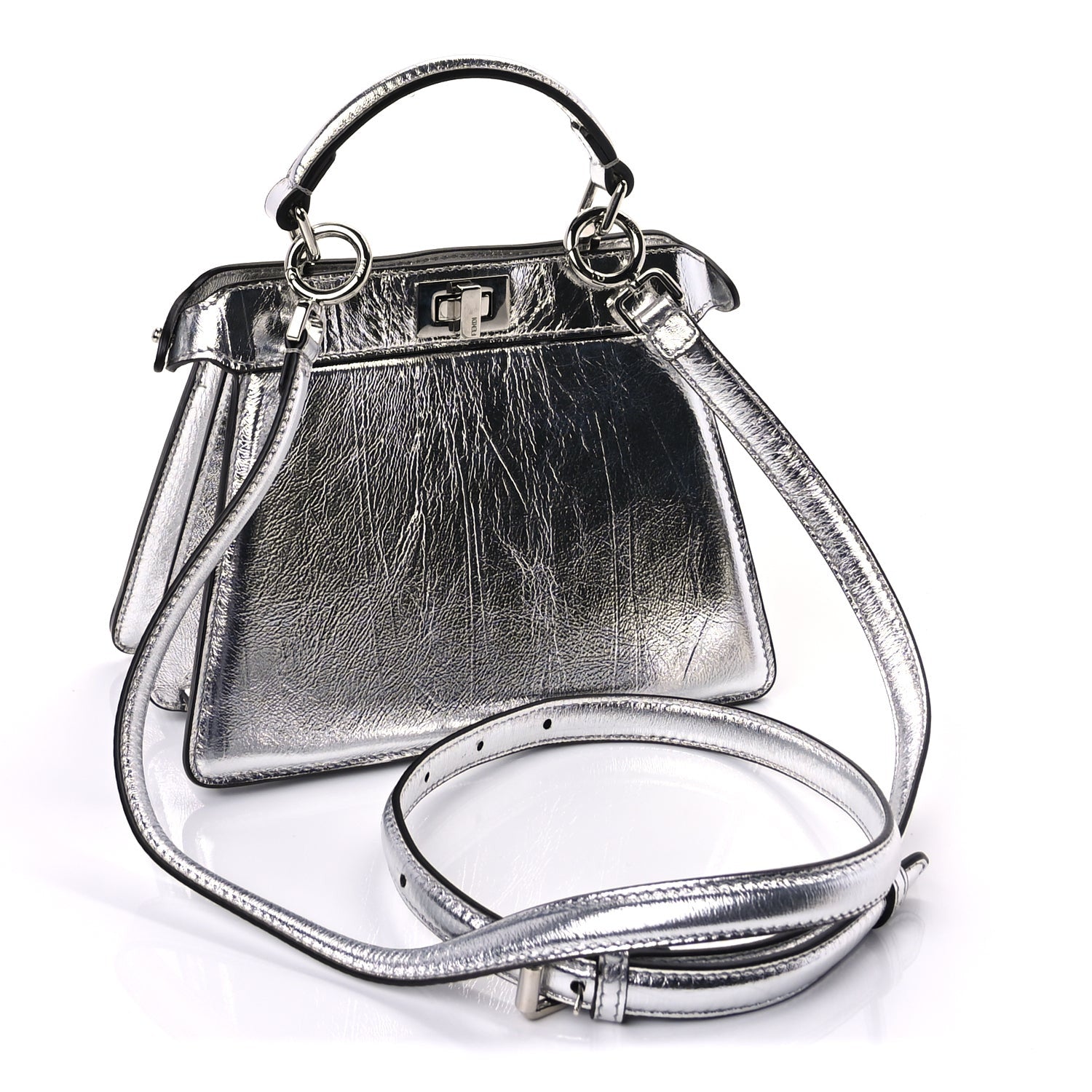 Fendi Metallic Calfskin Rock Millenium Petite Peekaboo I SEE U Iconic Satchel Argento 2 of 8