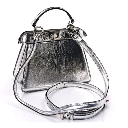 Fendi Metallic Calfskin Rock Millenium Petite Peekaboo I SEE U Iconic Satchel Argento 2 of 8
