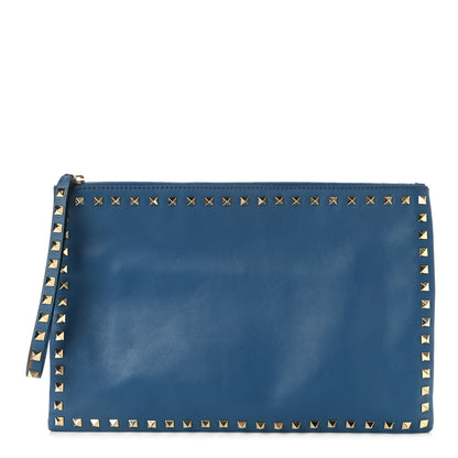 Valentino Garavani Vitello Large Rockstud Zip Wristlet Pouch Blu Delft 1 of 9