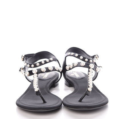 Chanel Lambskin Pearl Thong Sandals 38 Black 14 of 24