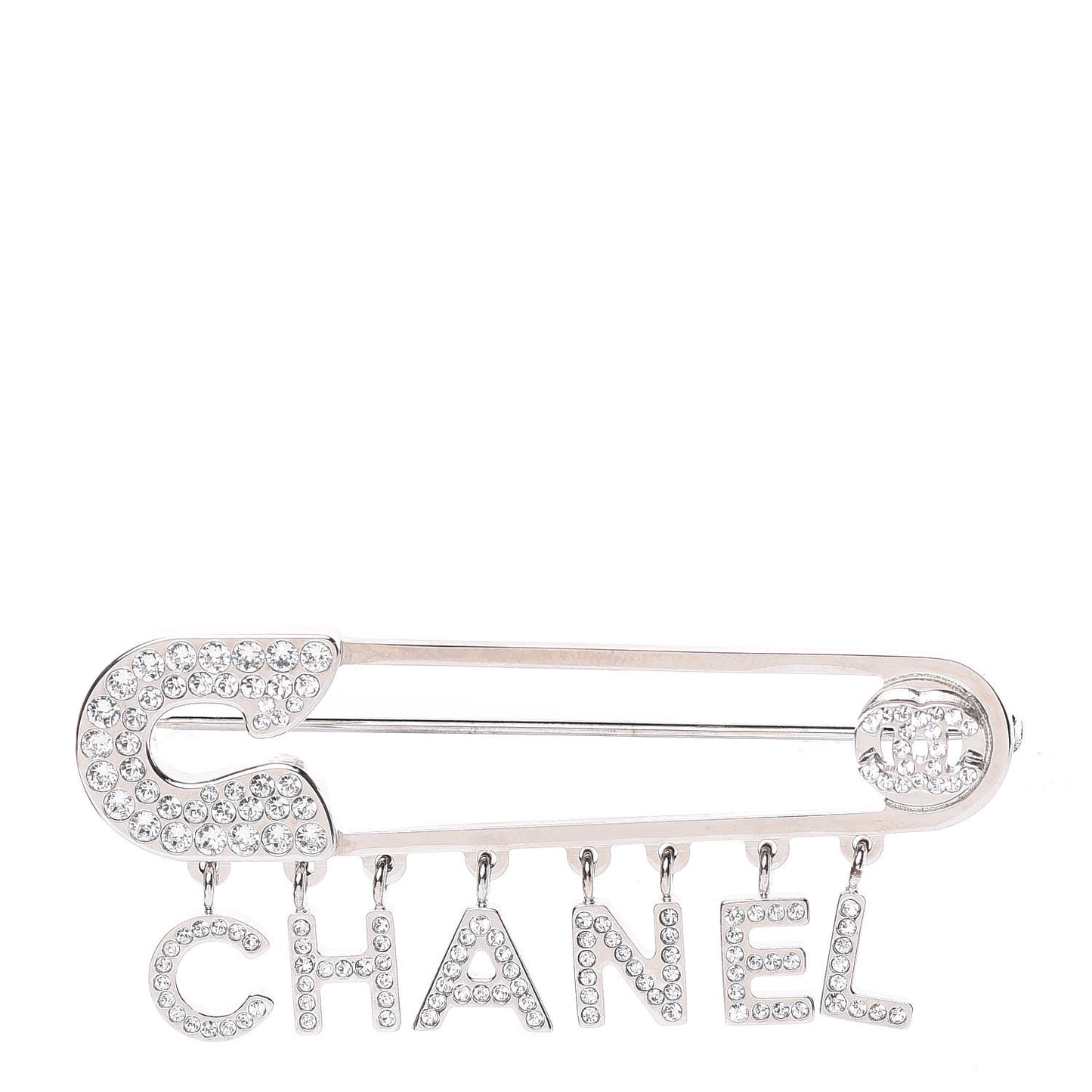 Crystal Safety Pin Brooch Silver