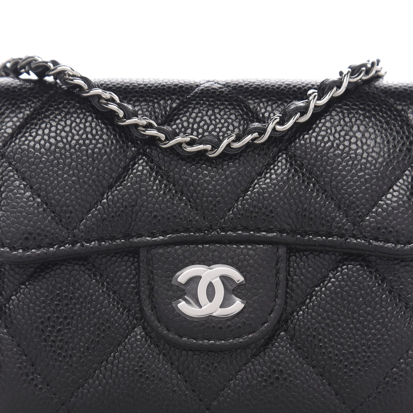Caviar Quilted Flap Card Holder On Chain Black
