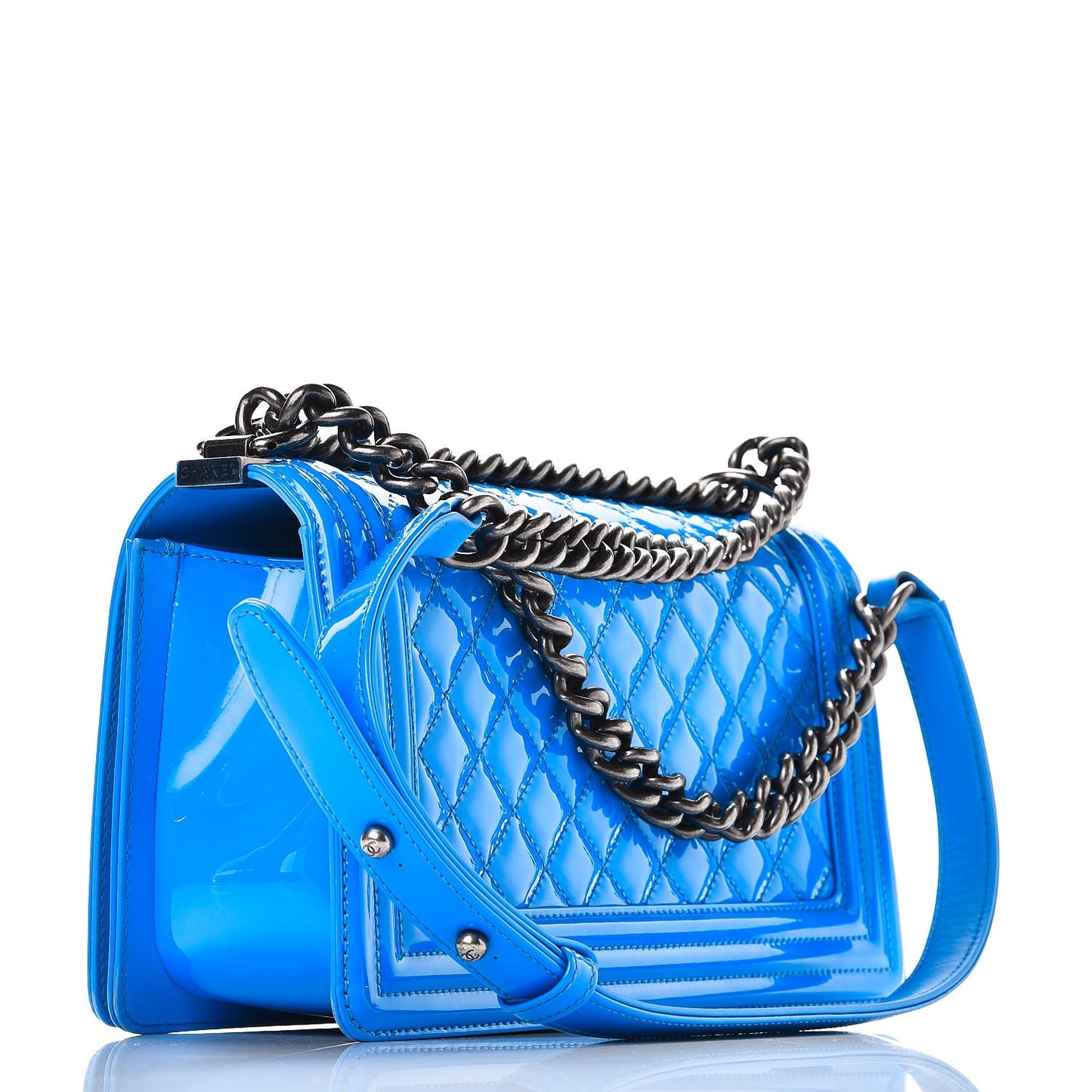 Patent Calfskin Quilted Medium Boy Flap Blue