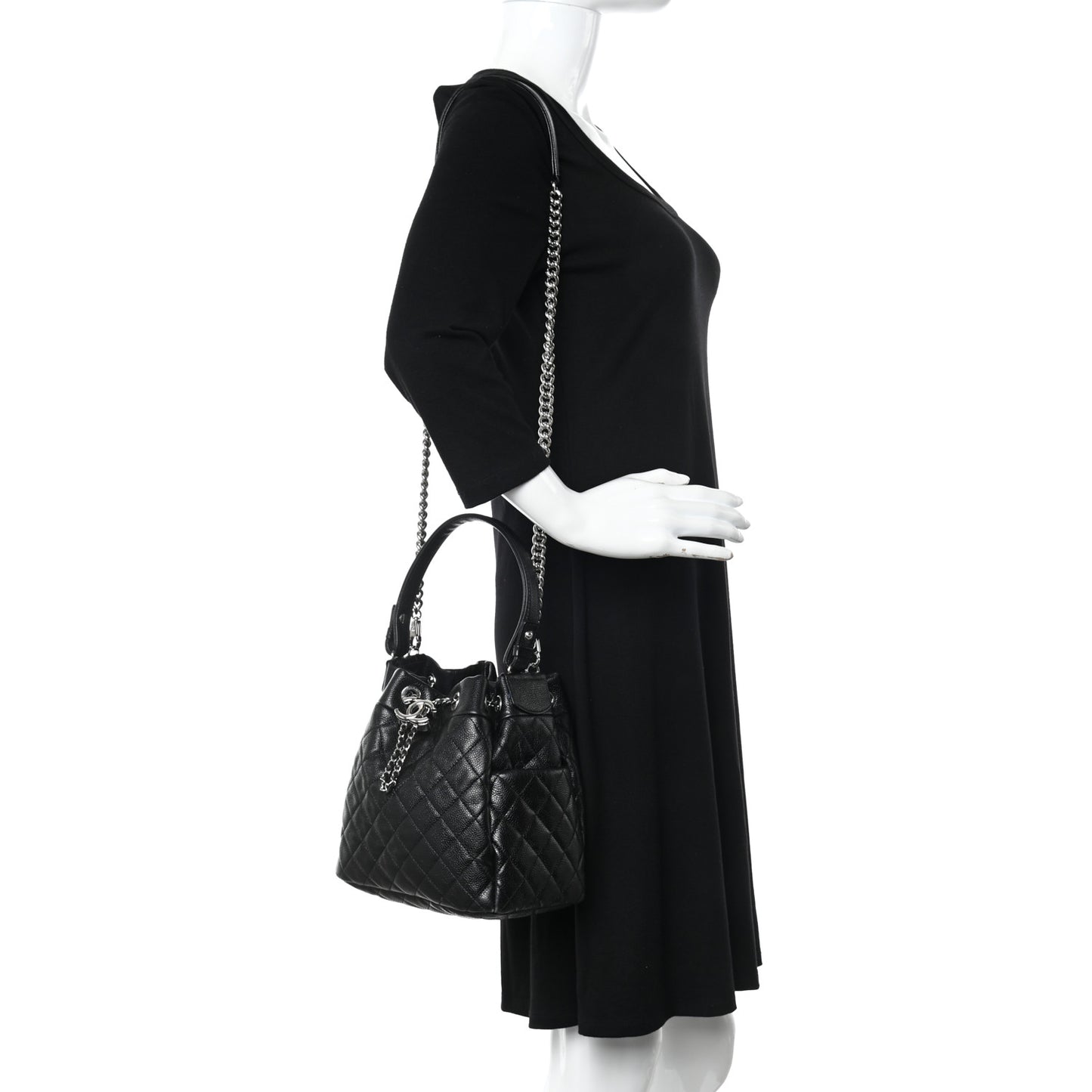 Caviar Quilted Small Chain Bucket Bag Black